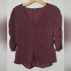Express size small maroon faux button ruched sleeve peplum blouse